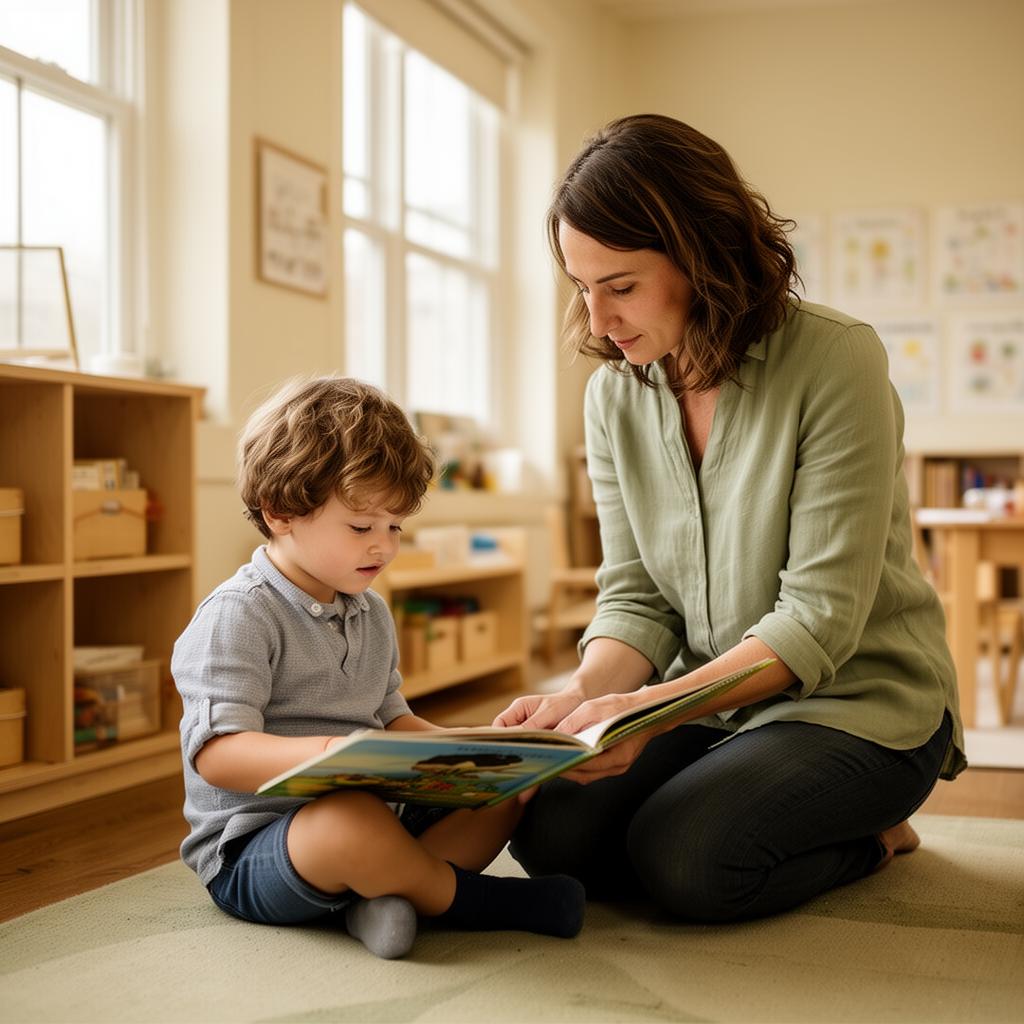 A teacher reading with a child at Banyan & Pine